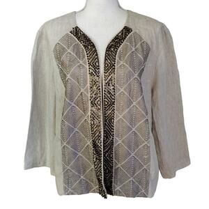 Chicos Size 3 US XL Astonishing Artisan Jacket Linen Embroidered Beaded